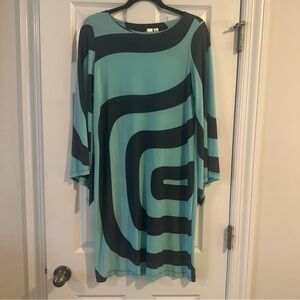 Soho Apparel Aqua and Charcoal Long Sleeve Dress Retro Mod Bell Sleeves